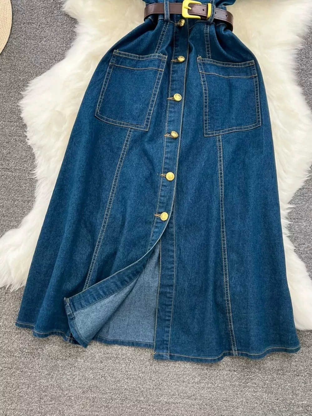 Button Front Short Sleeve Denim Dress, image 3