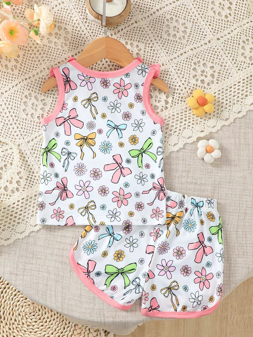Children's Bowknot & Floral Print Sleeveless Top and Shorts Set, image 5