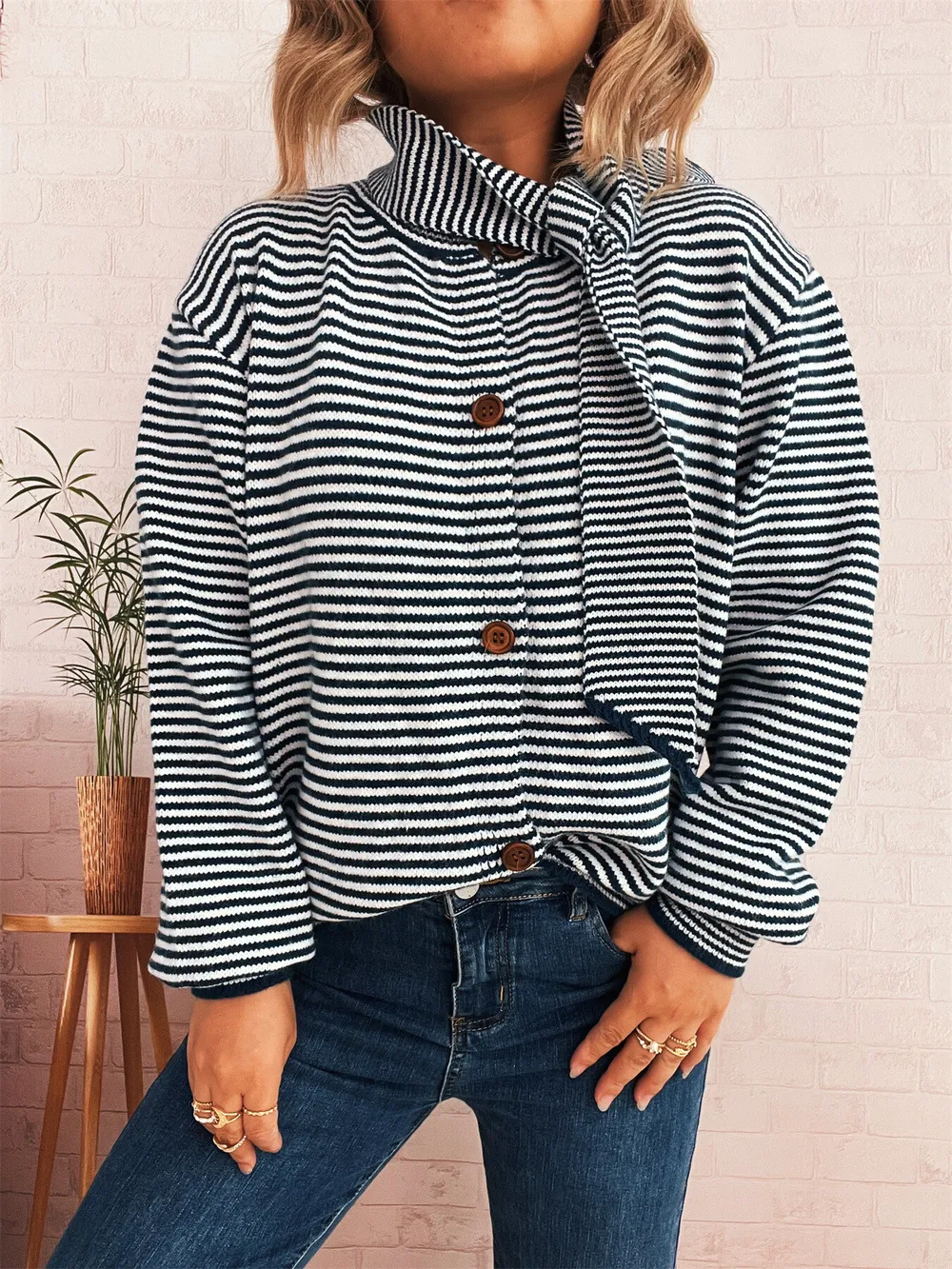 Striped Button Up Long Sleeve Cardigan, image 5