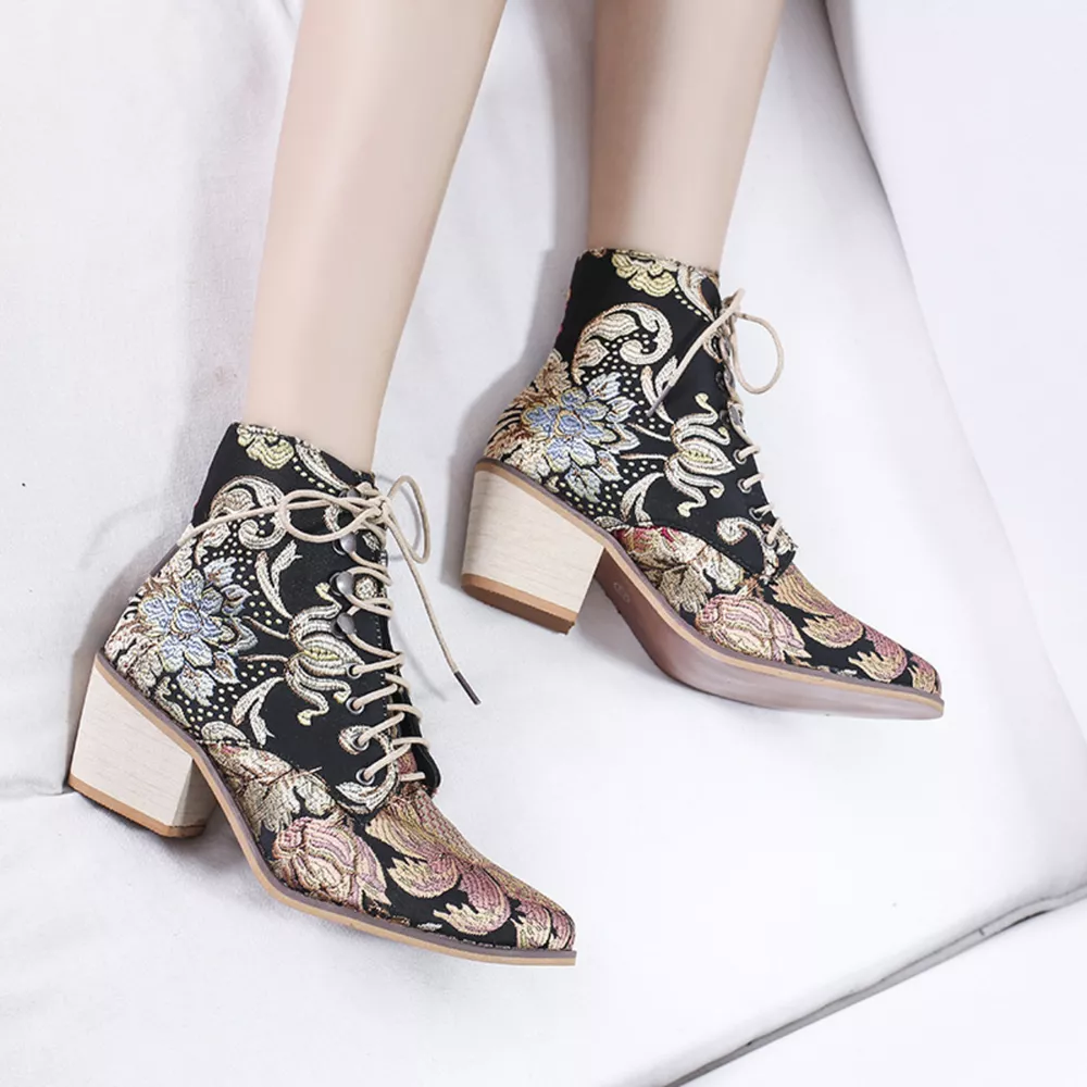 Embroidered Floral Lace-Up Ankle Boots, image 2