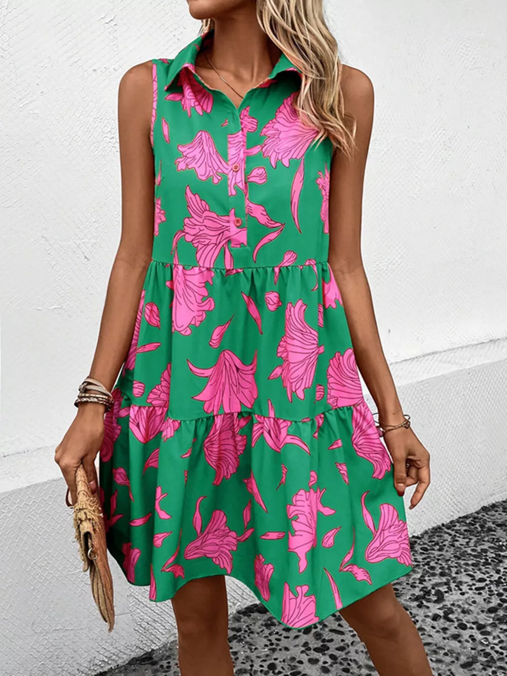 Sleeveless Floral Print Tiered Shirt Dress, image 3