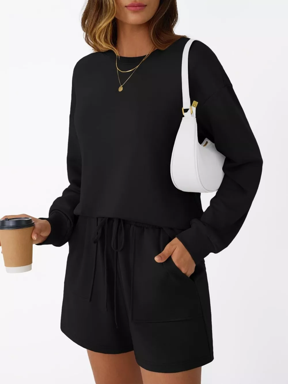 Round Neck Long Sleeve Top and Shorts Set, image 5