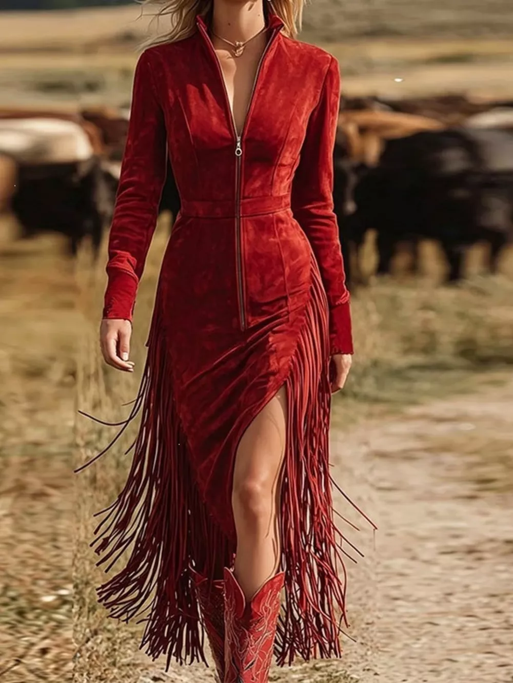 Fringe Zip-Front Midi Dress