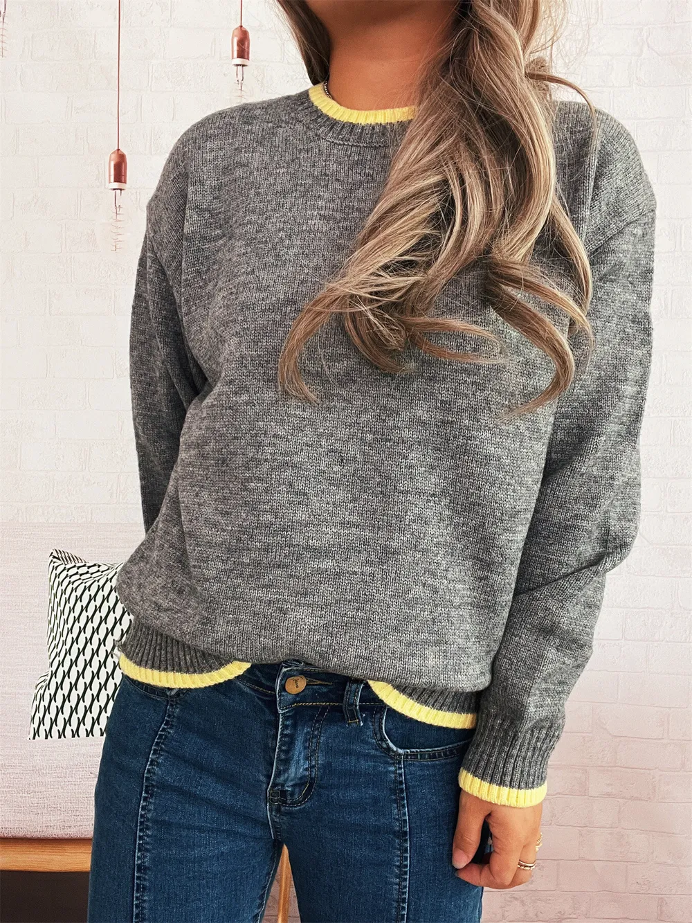 Ribbed Contrast Trim Long Sleeve Sweater, image 2