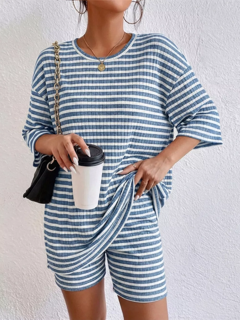 Striped Round Neck Top and Shorts Set, image 11