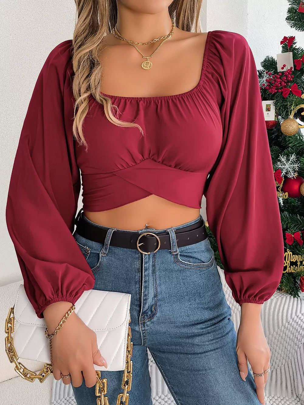 Elegant Ruched Long Sleeve Crop Blouse, image 2