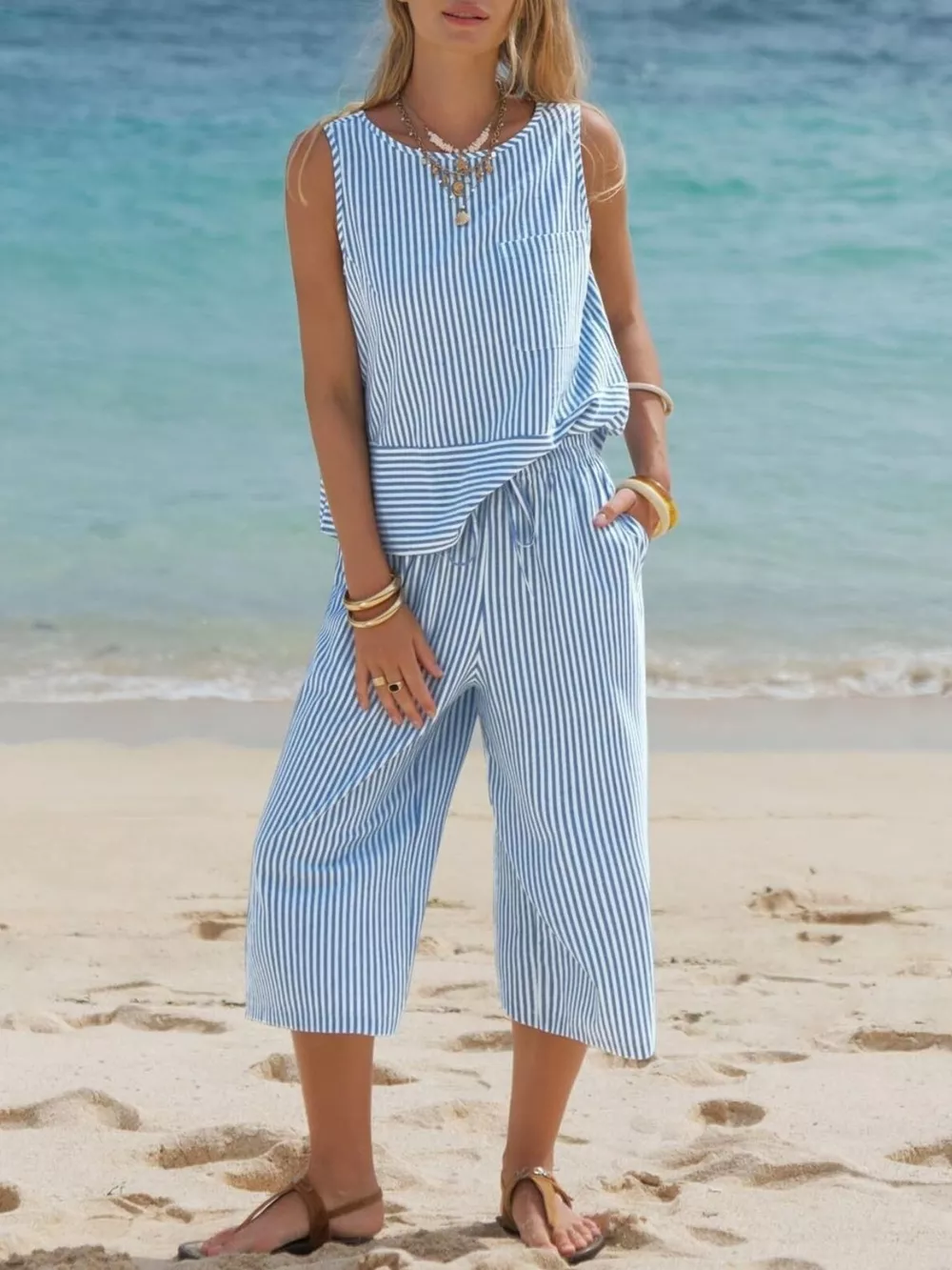 Striped Sleeveless Top and Cropped Pants Set, image 2