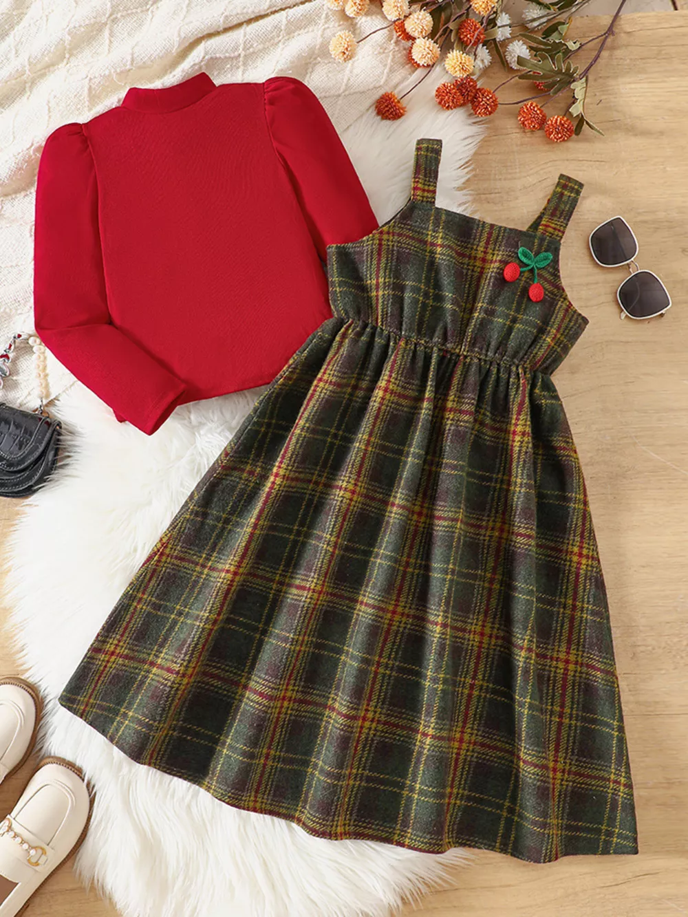 Children's Long Sleeve Top and Plaid Dress Set, image 2