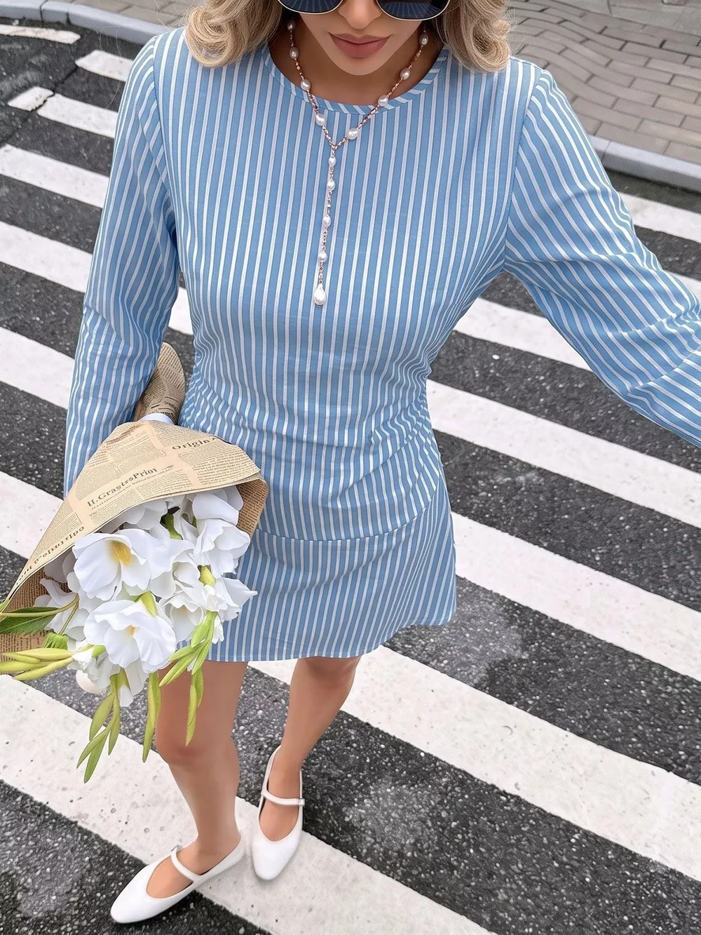 Striped Long-Sleeve Ruched Mini Dress, image 3