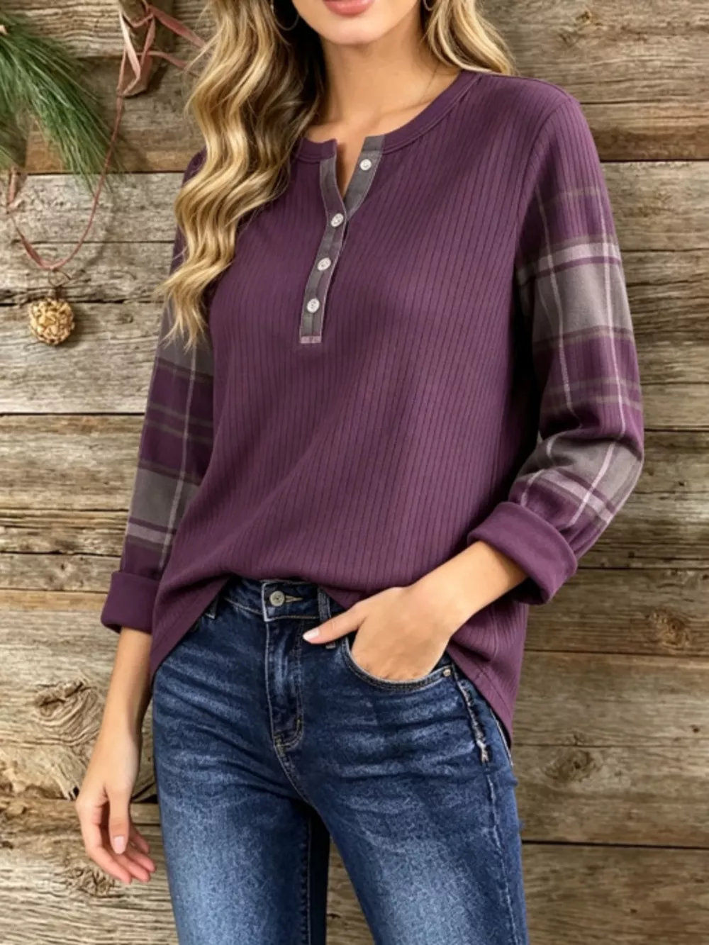 Full Size Ribbed Knit Henley T-Shirt with Plaid Contrast Sleeves Plus Size