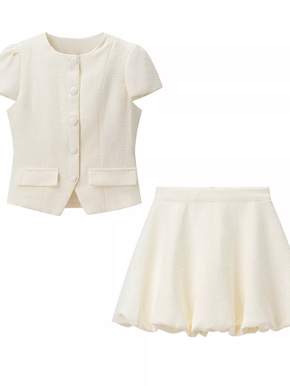 Button Up Short Sleeve Top and Bubble Hem Skirt Set, image 8
