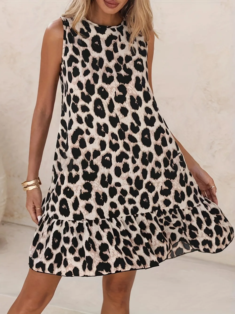 Ruffled Hem Leopard Sleeveless Dress, image 2
