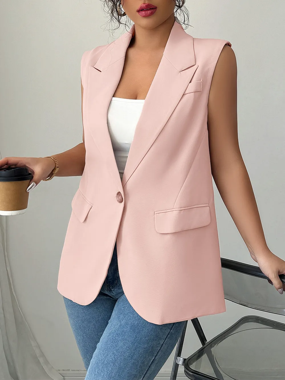 One Button V-Neck Blazer Vest Coat, image 9