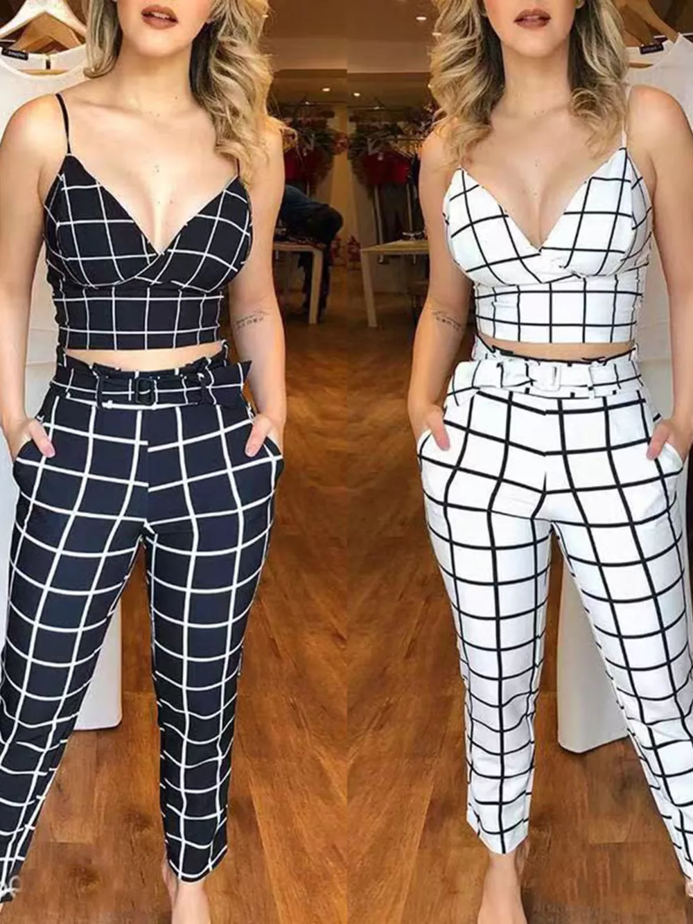 Grid Print Crop Top and Pants Set, image 4