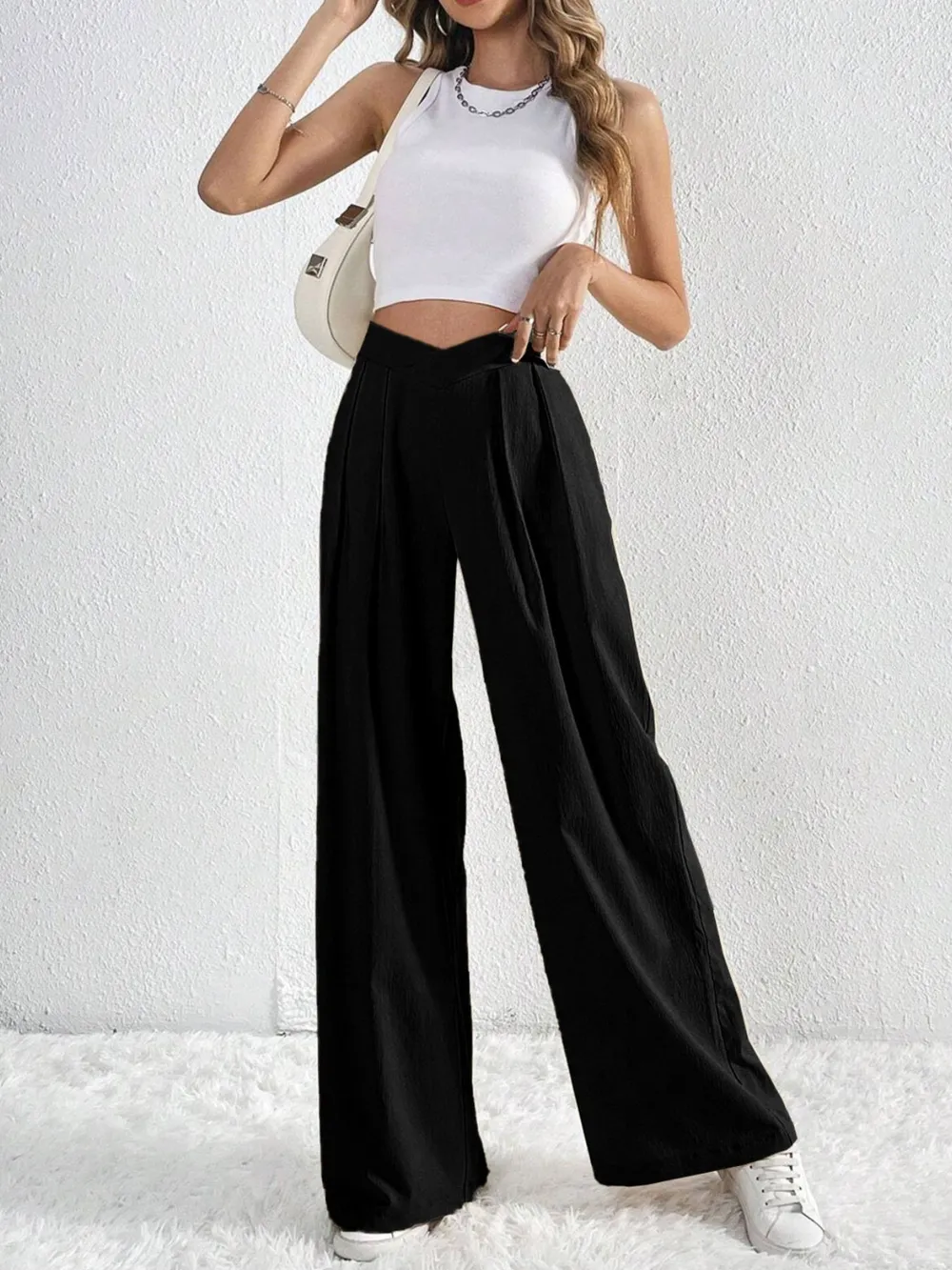 V-Waisted Ruched Front Wide Leg Pants, image 10