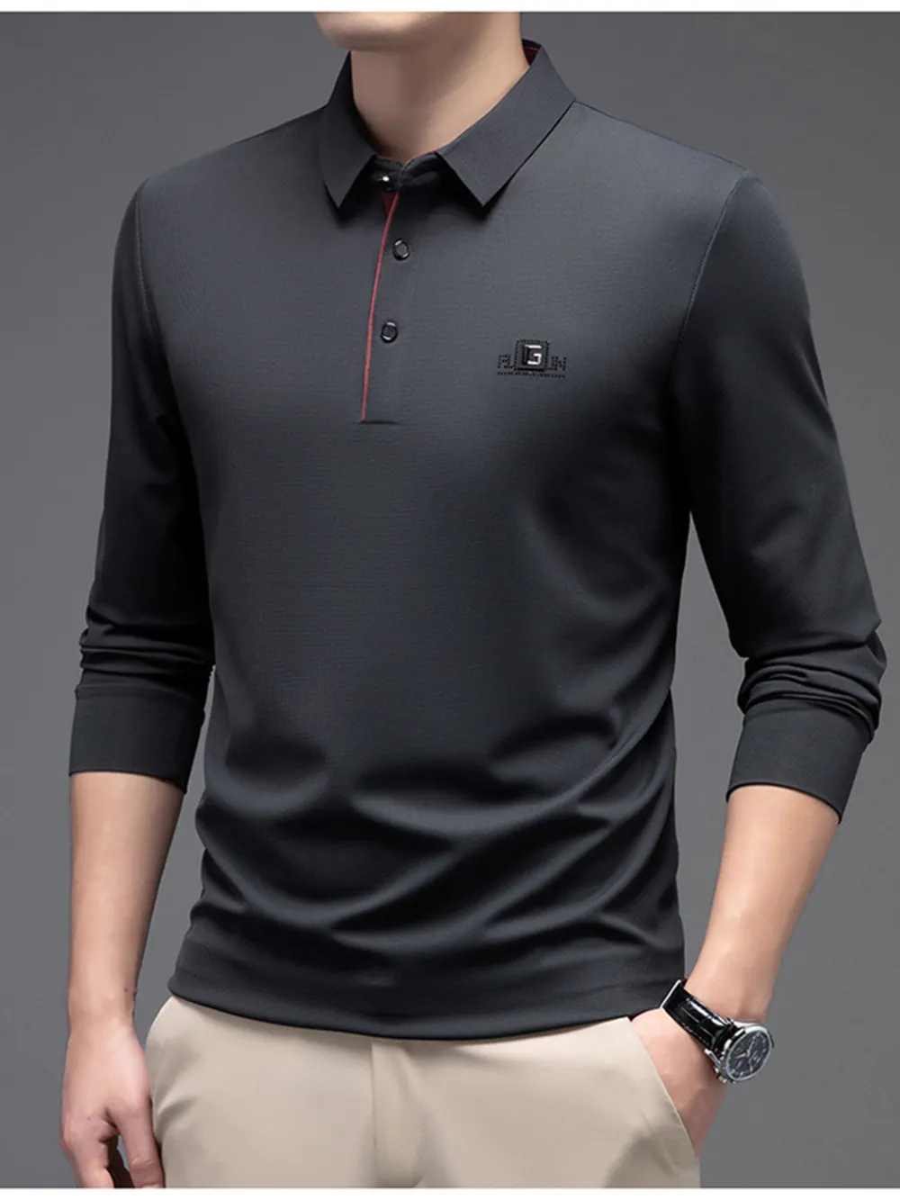 Men's Plus Size Button Detail Long Sleeve Polo, image 6
