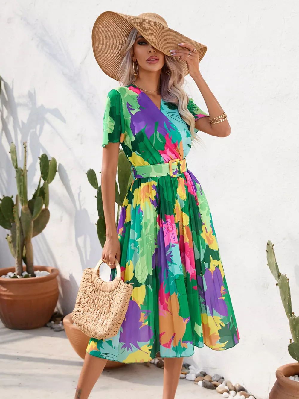 Pleated Tropical Print Belted Midi Dress, image 13