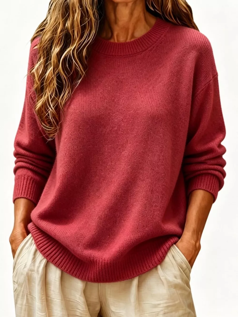 Full Size Round Neck Dropped Shoulder Sweater Plus Size, image 8