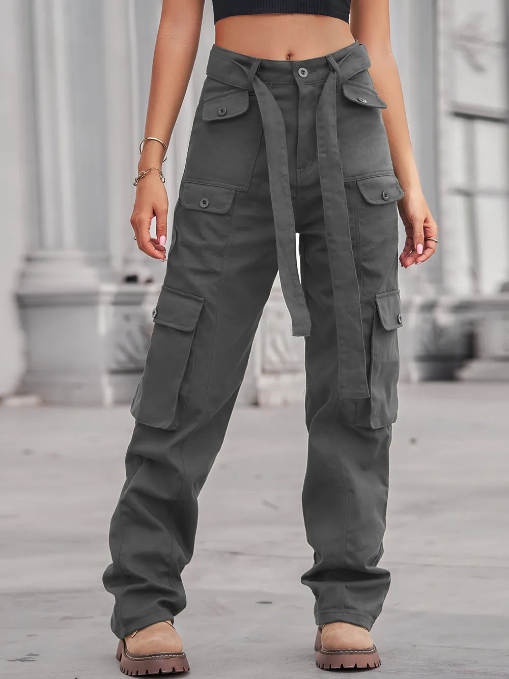 High-Waisted Multi-Pocket Cargo Jeans, image 2