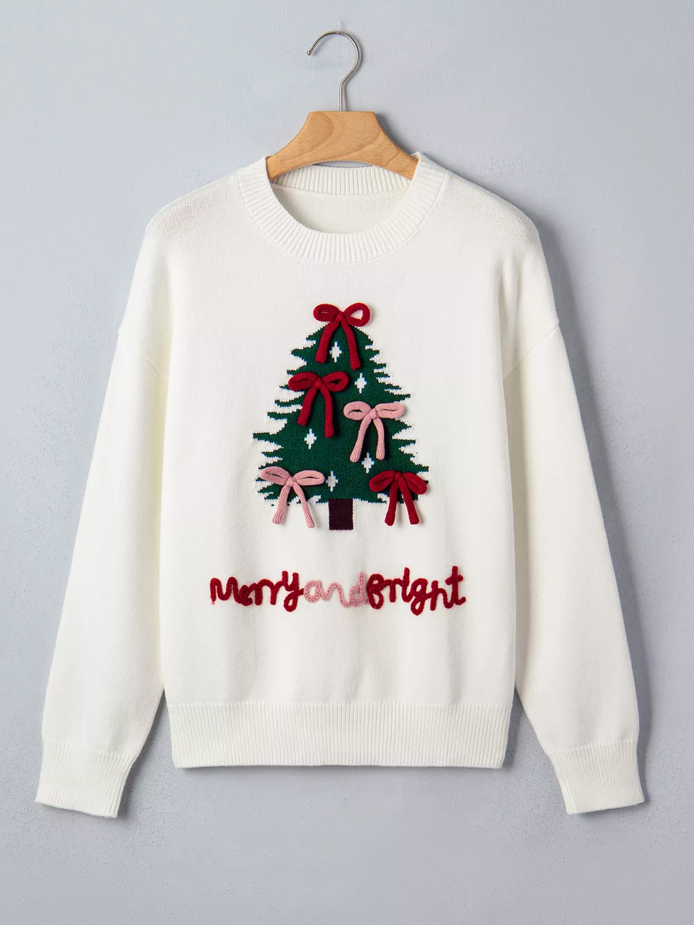 Christmas Tree Bow Drop Shoulder Knit Sweater, image 7