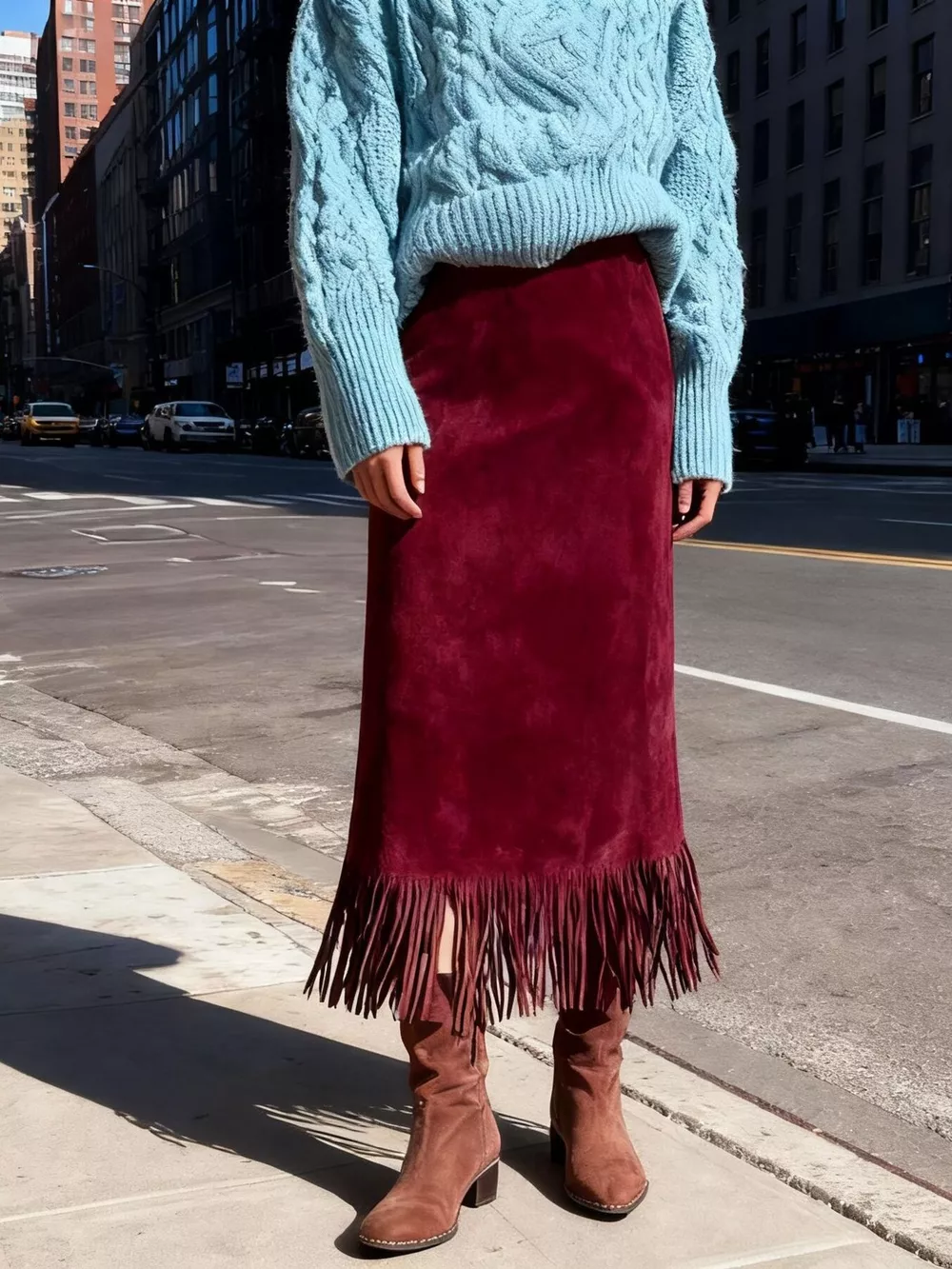 High-Waisted Suede Fringe Midi Skirt, image 8