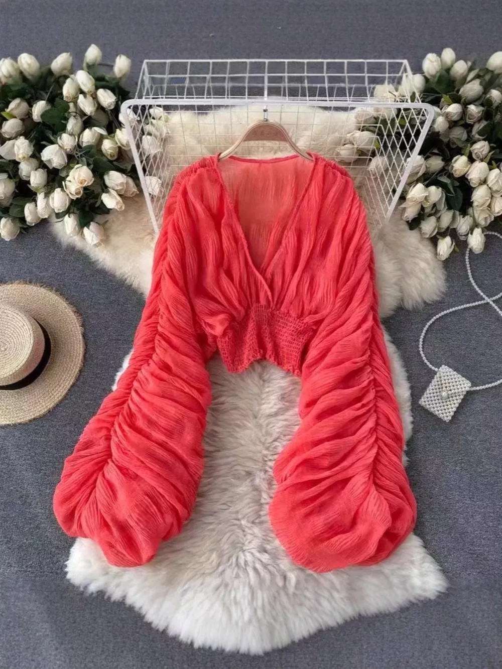 Smocked Ruched Long Sleeve Blouse, image 10