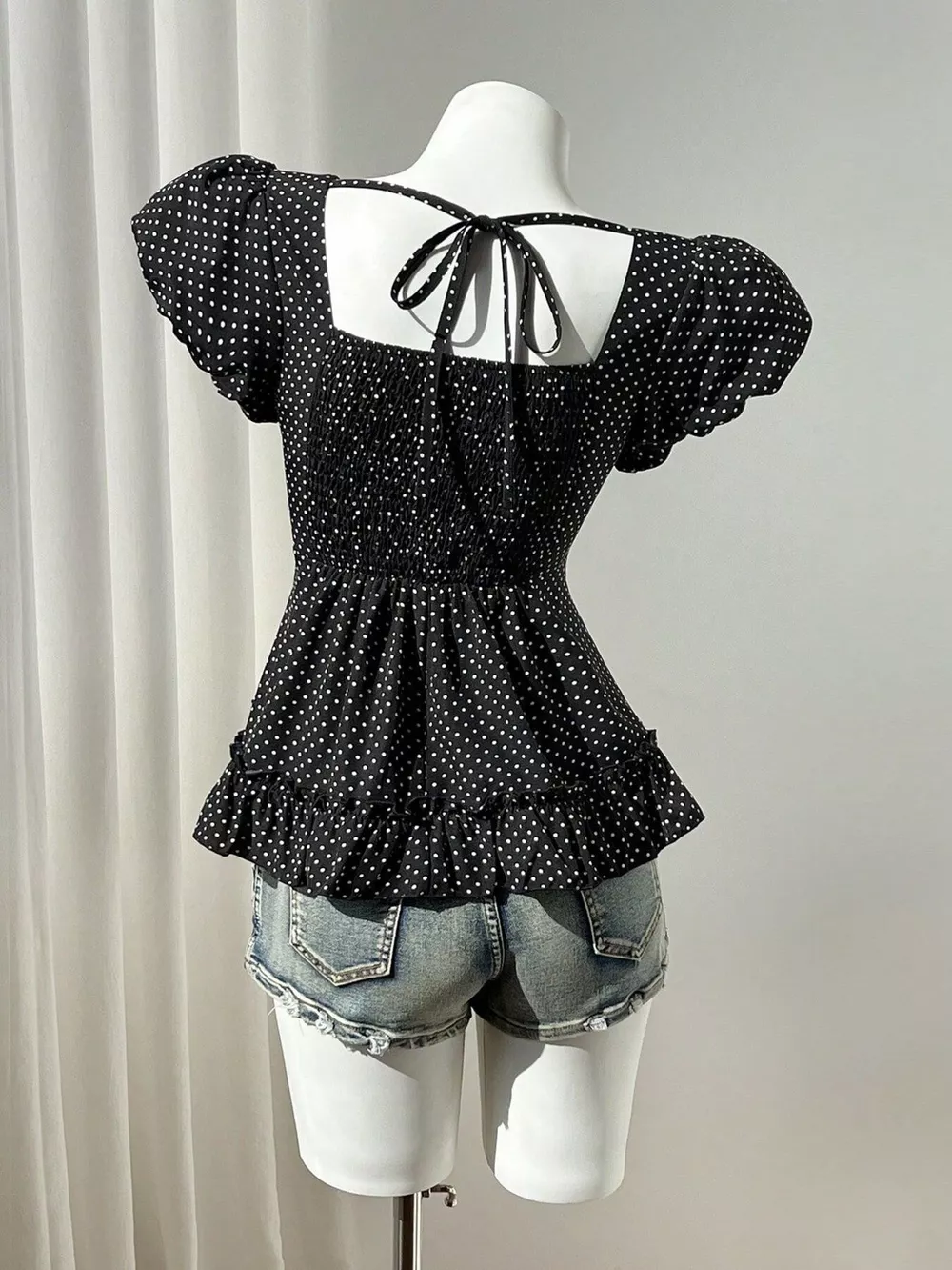 Polka Dot Square Neck Puff Sleeve Peplum Blouse, image 5