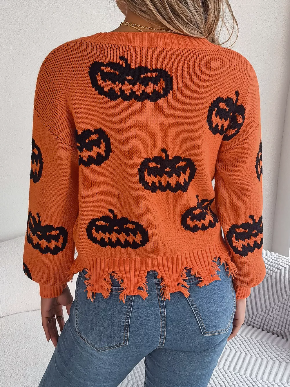Halloween Pumpkin Pattern Raw Hem V-Neck Sweater, image 14