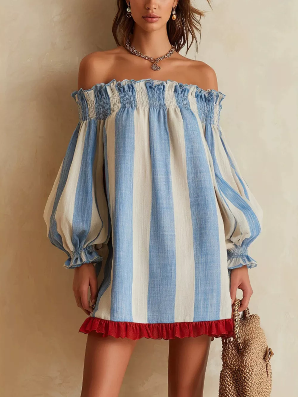 Off-Shoulder Striped Ruffle Hem Mini Dress