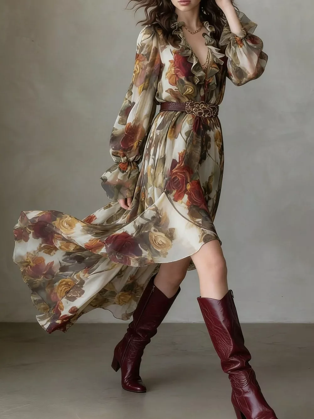 Floral Print Ruffle Trim High-Low Chiffon Maxi Dress, image 5