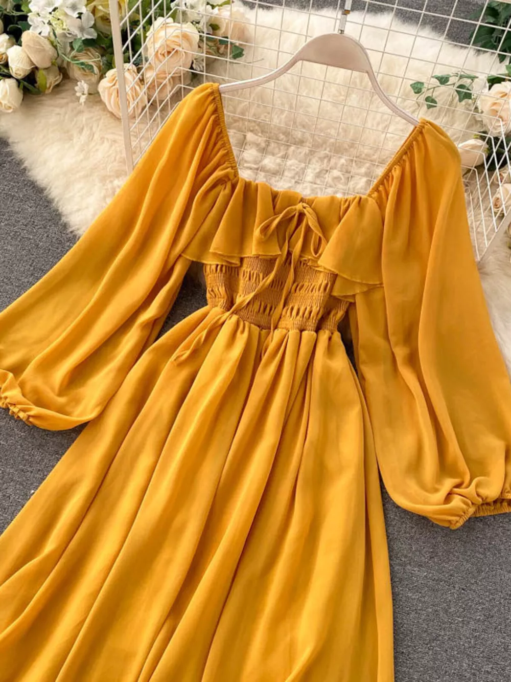 Ruffle Square Neck Balloon Sleeve A-Line Dress, image 28