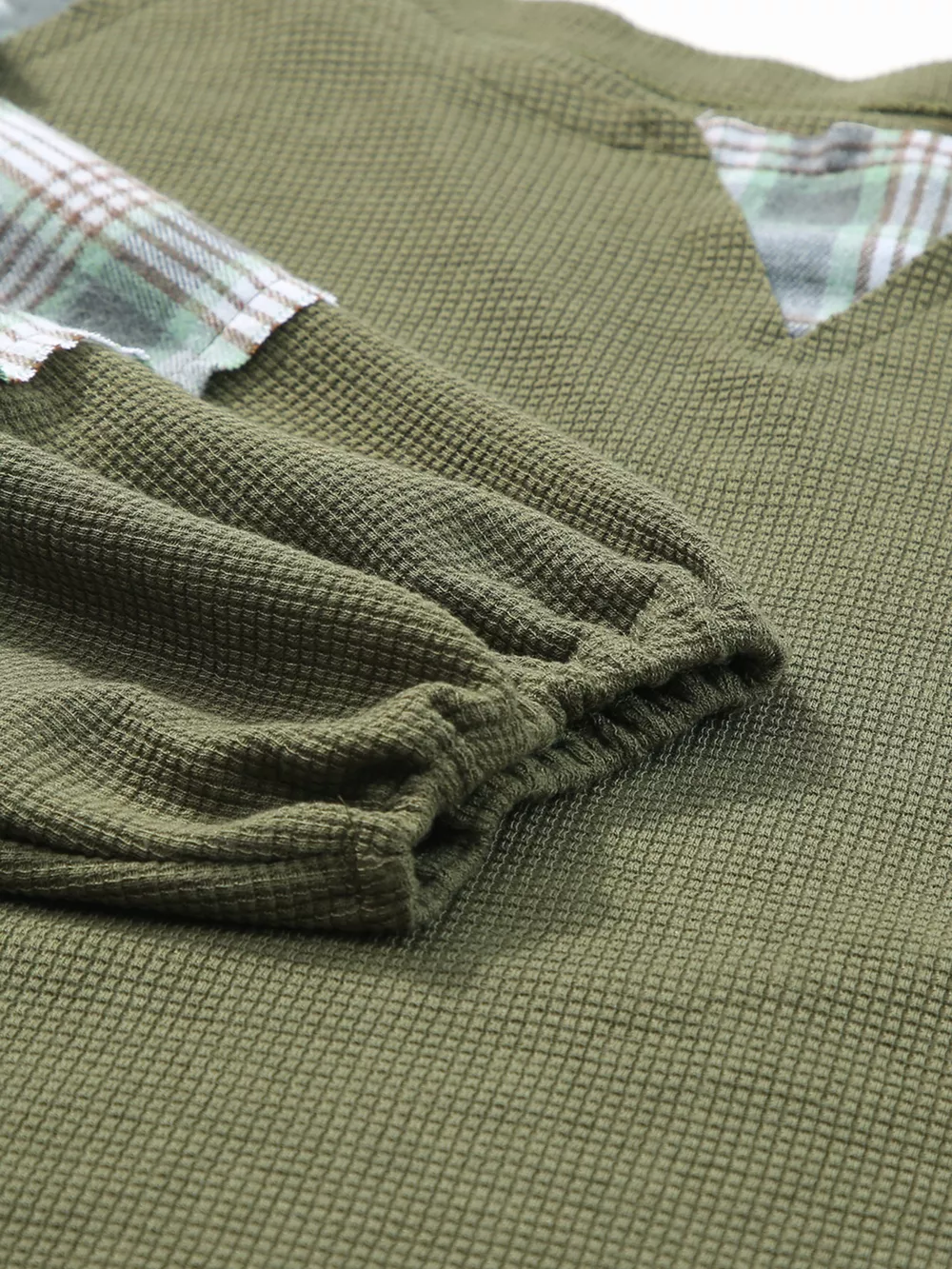 Plaid Patch Waffle Knit Exposed Seam Bubble Sleeve Top, image 9