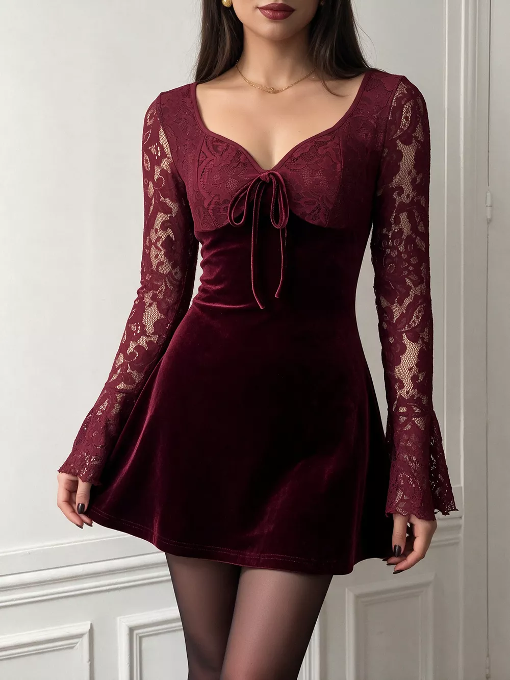 Lace Flare Sleeve Mini Dress, image 2