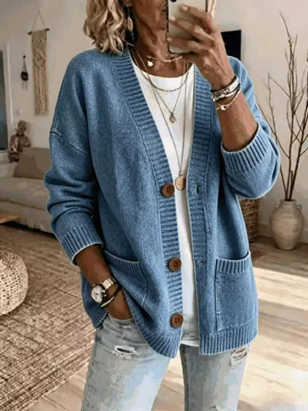Casual V-Neck Button-Down Knit Cardigan with Pockets, image 11