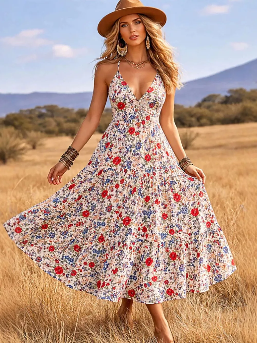 Floral Print V-Neck Midi Dress, image 7