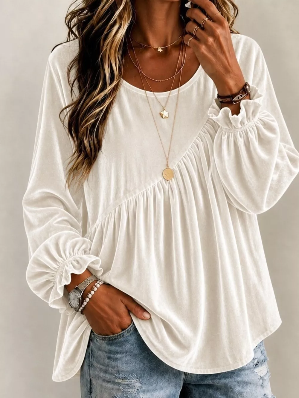 Full Size Velvet Round Neck Long Sleeve Blouse Plus Size, image 5