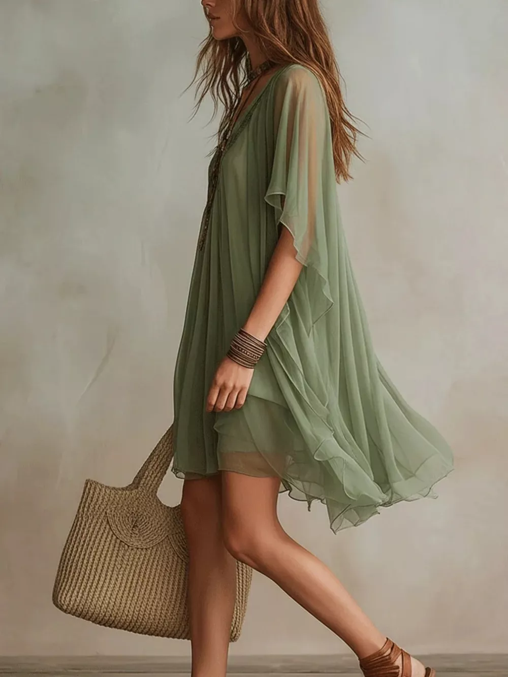 Chiffon V-Neck Flowy Mini Dress, image 3