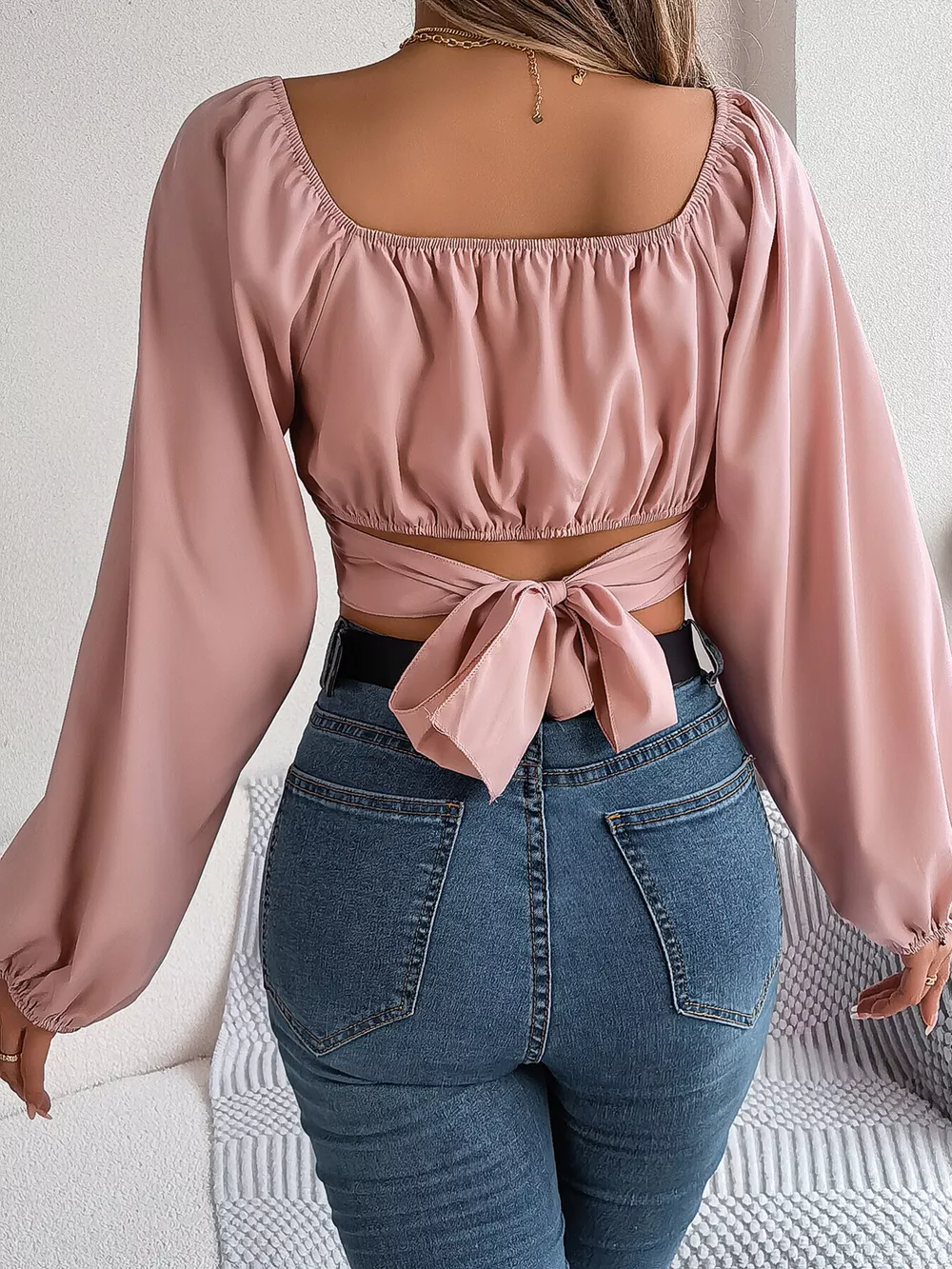 Elegant Ruched Long Sleeve Crop Blouse, image 3
