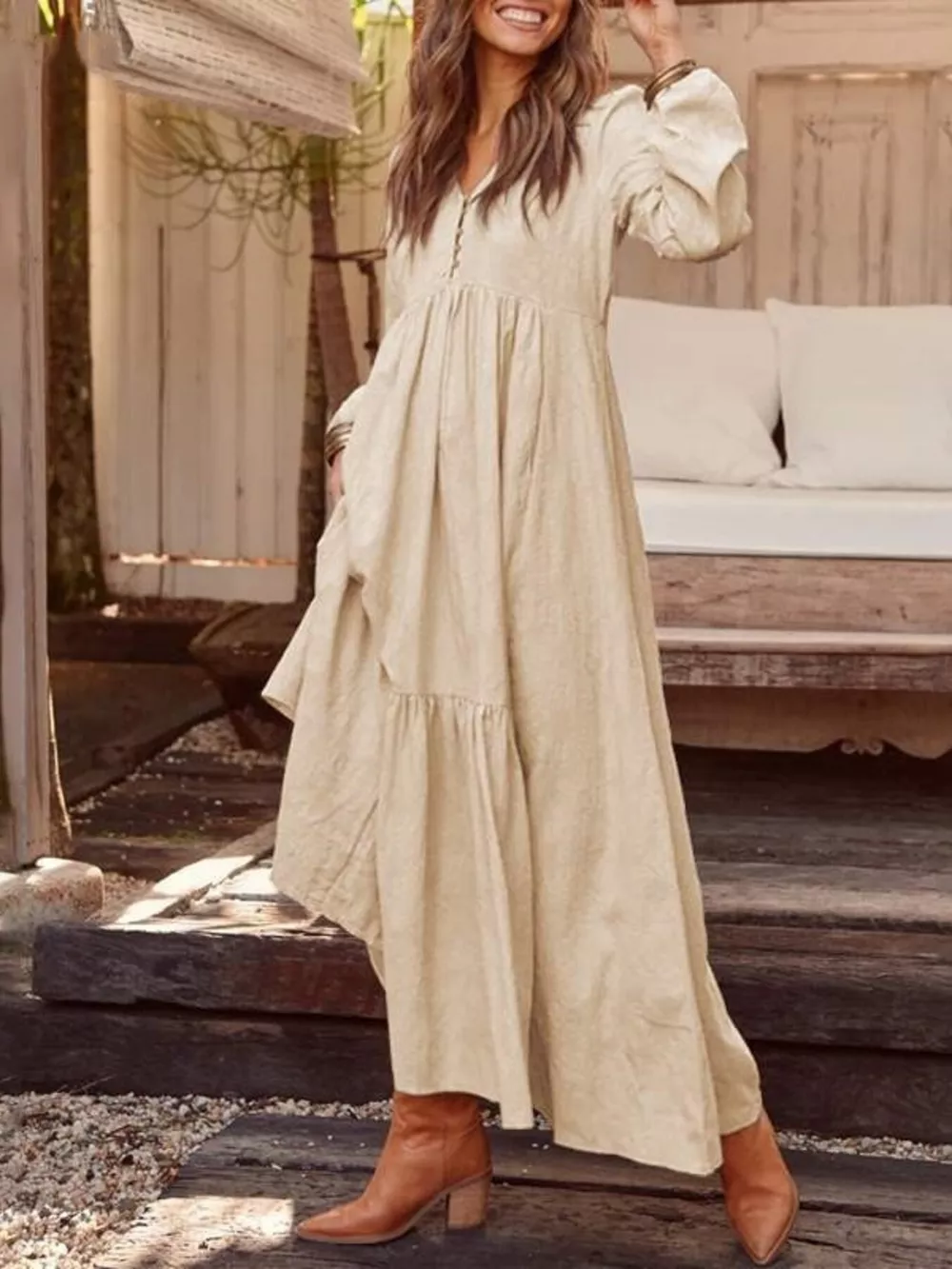Full Size V-Neck Long Sleeve Tiered Maxi Dress with Pockets Plus Size, image 4