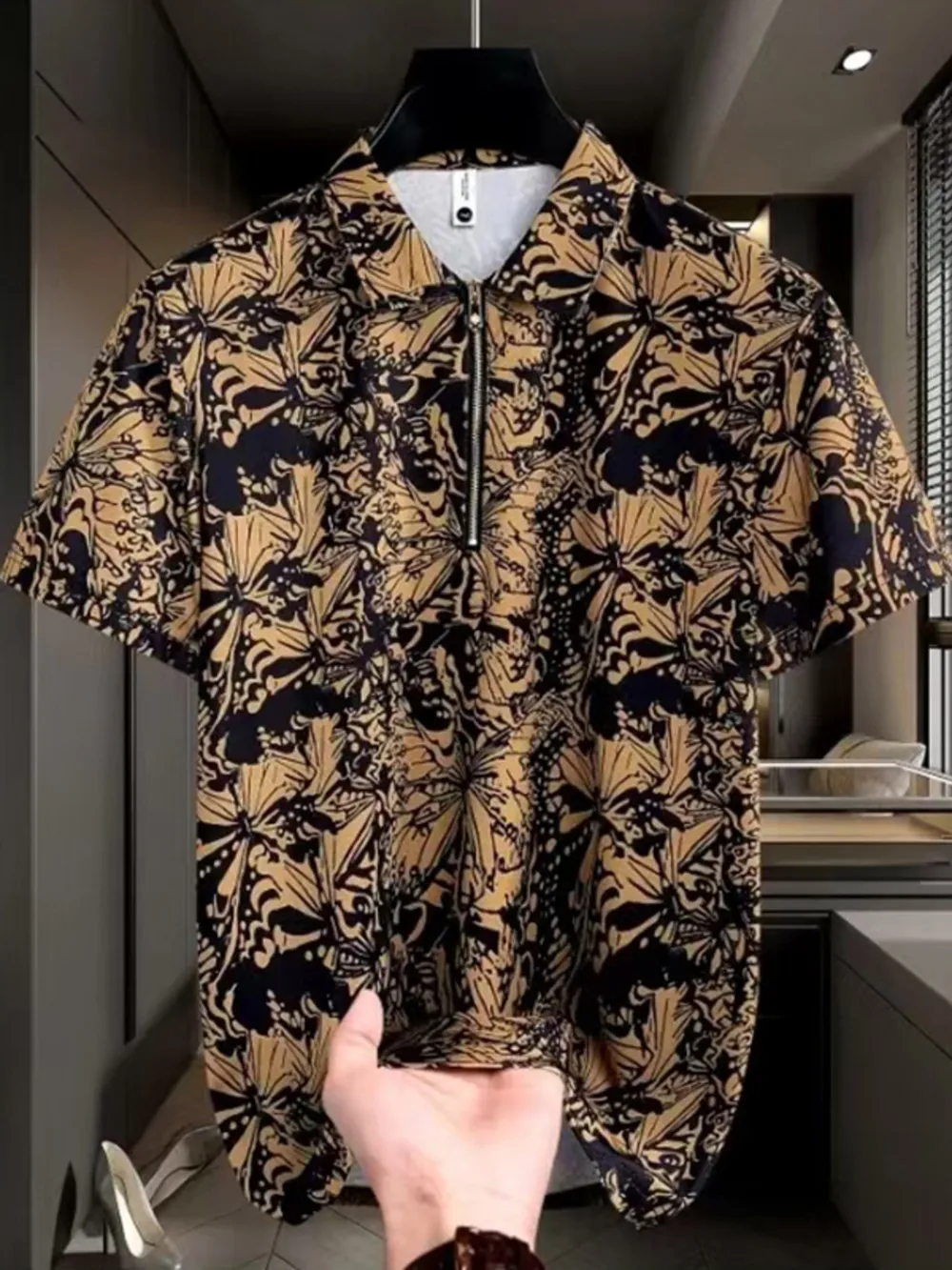 Men's Full Size Printed Quarter Zip Short Sleeve Polo Plus Size