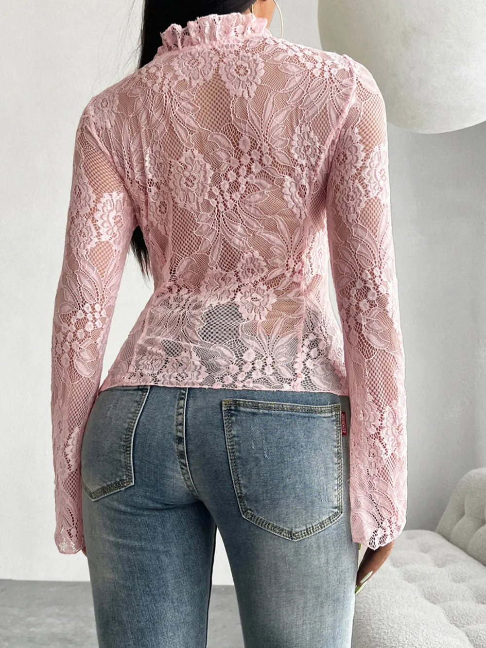 Tie Front Long Sleeve Lace Top, image 4