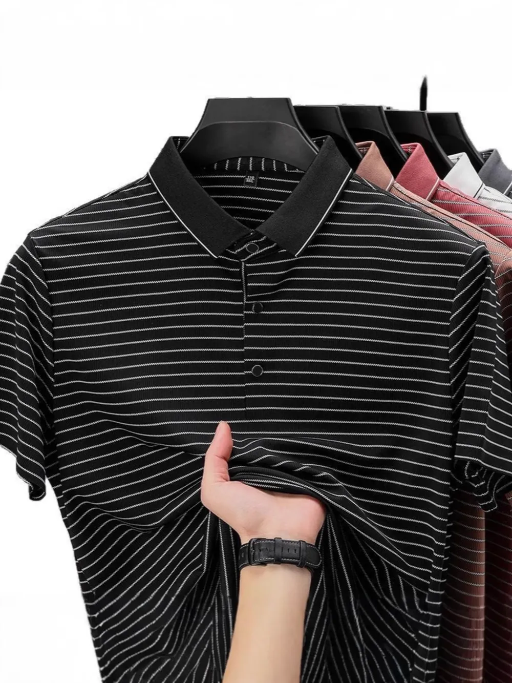 Men's Full Size Striped Button Detail Short Sleeve Polo Plus Size, image 2