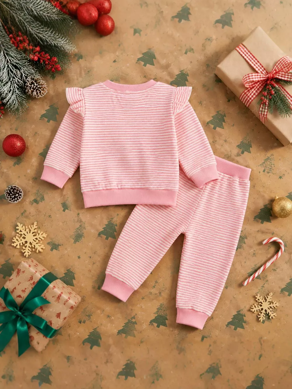 Children's Striped Christmas Tree Ruffle Pajama Set, image 5