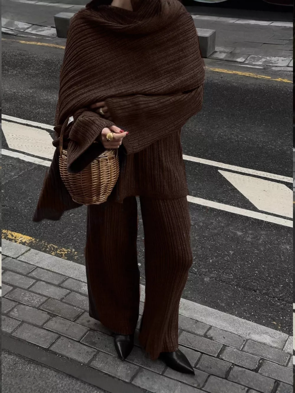 3-Piece Crew Neck Ribbed Sweater and Wide-Leg Pants Set with Scarf, image 23