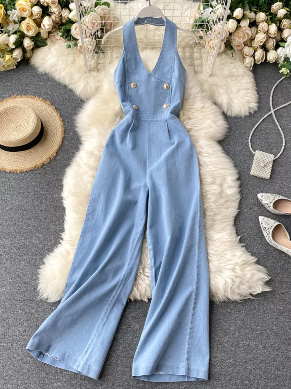 Halter Neck Wide Leg Denim Jumpsuit, image 2