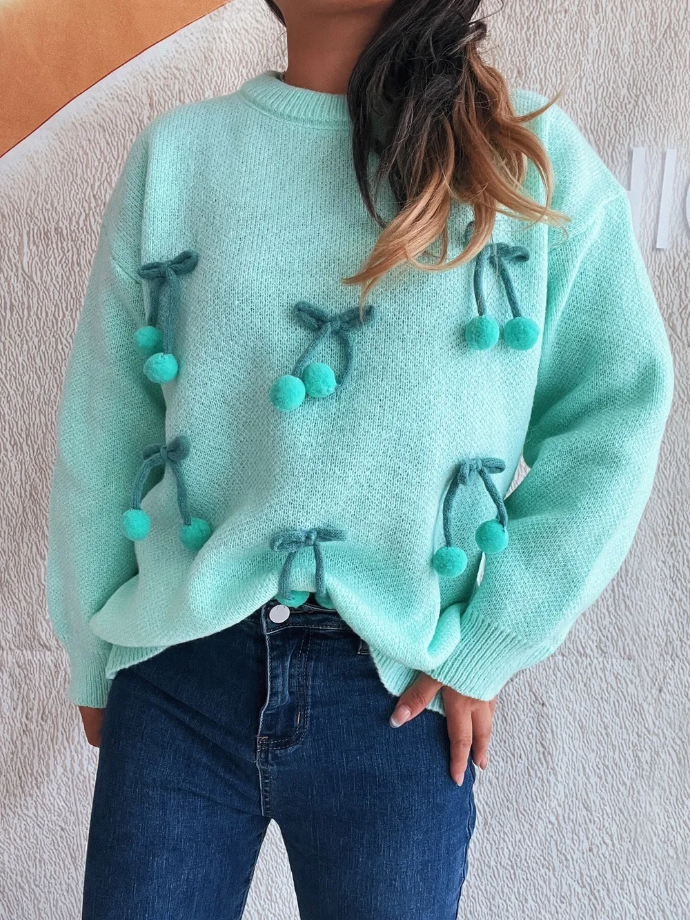 Cherry Round Neck Long Sleeve Sweater, image 8