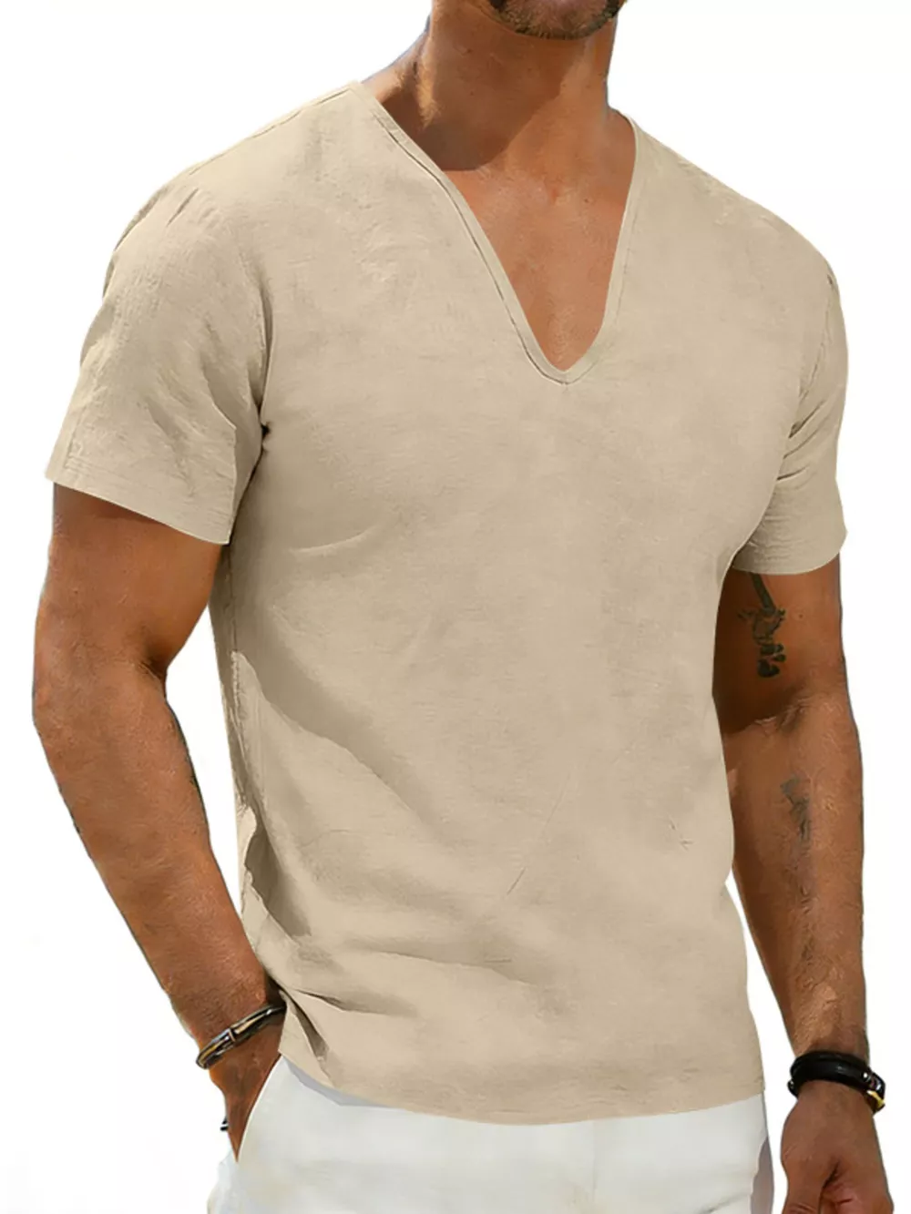 Men's Full Size Casual V-Neck Linen T-Shirt Plus Size, image 12
