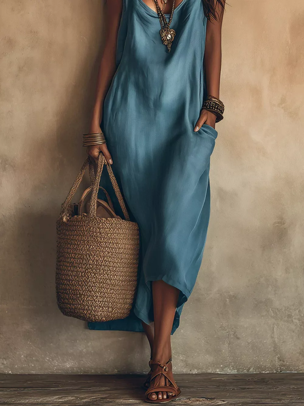 Full Size Spaghetti Strap Midi Dress with Pockets Plus Size, image 5