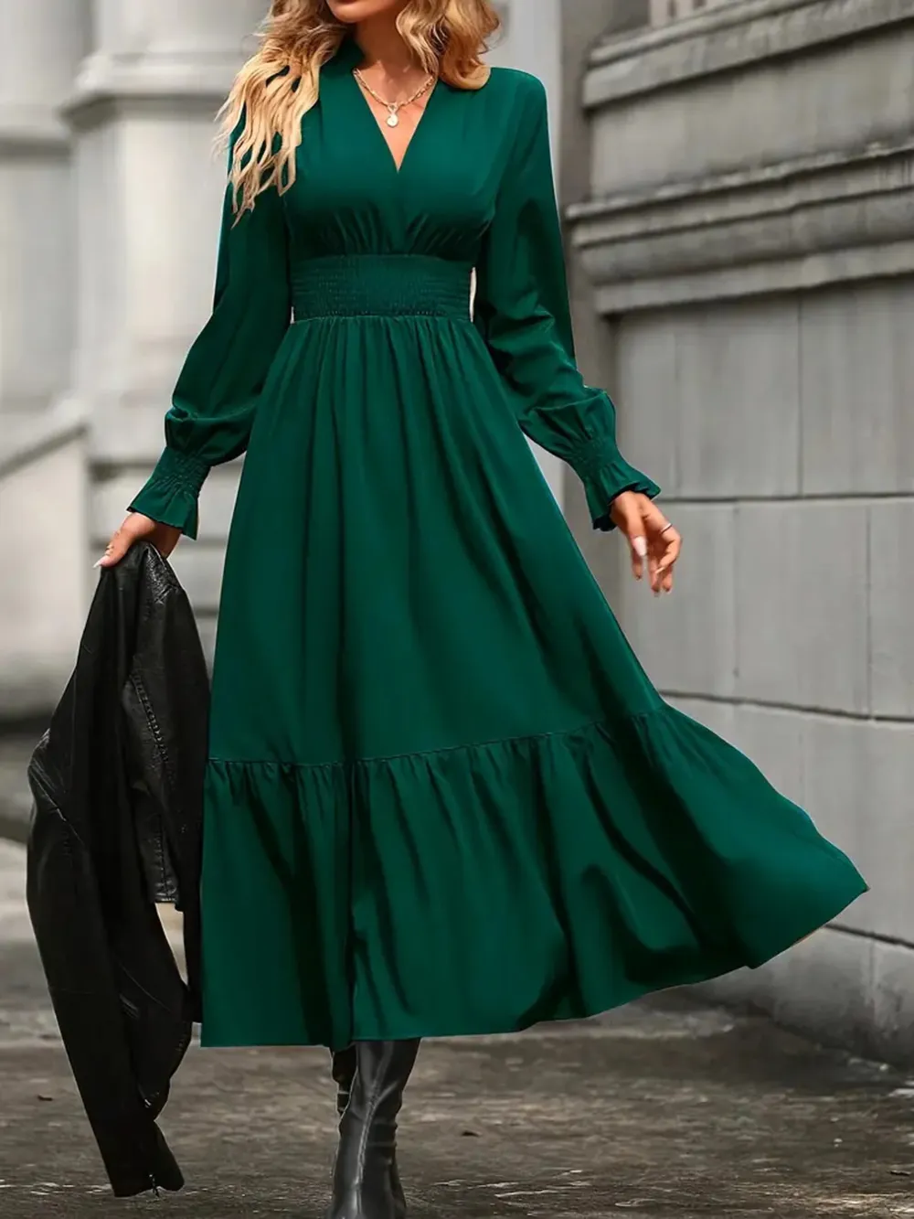 Notched Long Sleeve Tiered Dress, image 3