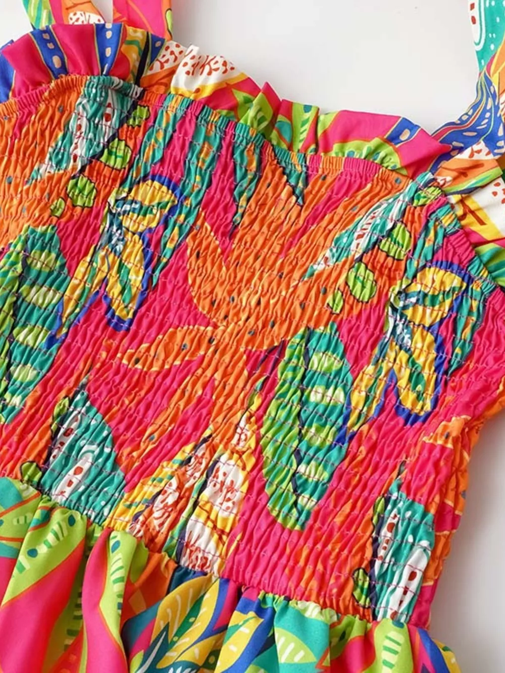 Tropical Print Smocked Tie-Strap Dress, image 10